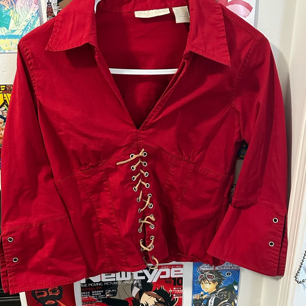 Red Blouse with Lace-Up Detail